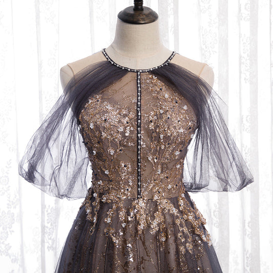 A line tulle sequins long prom dress evening dress  8294