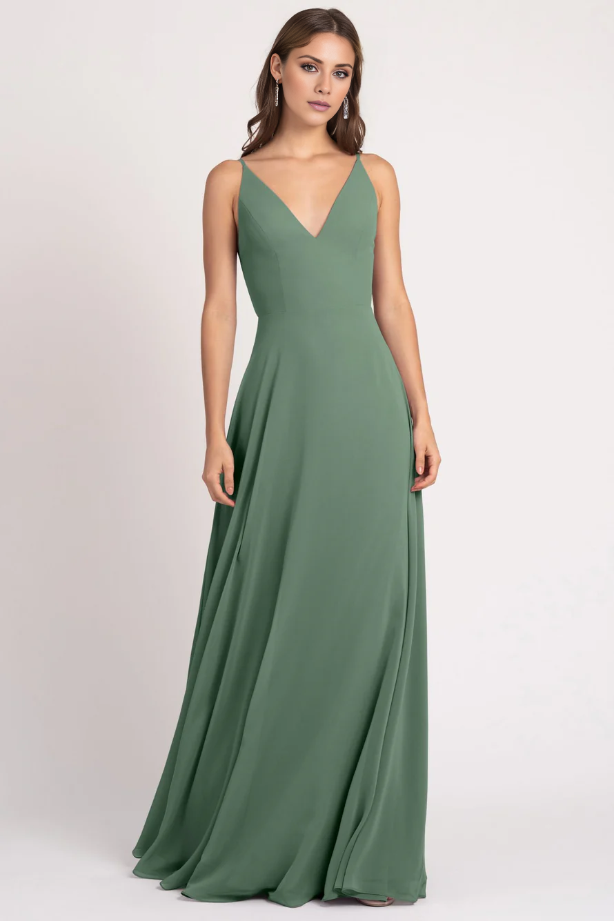 V-neck off shoulder sleeveless thin shoulder strap backless and floor length evening dress