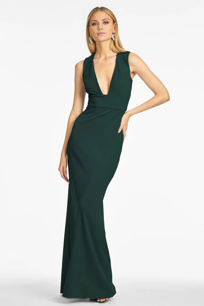 deep V-neck sleeveless slit and floor length evening dress