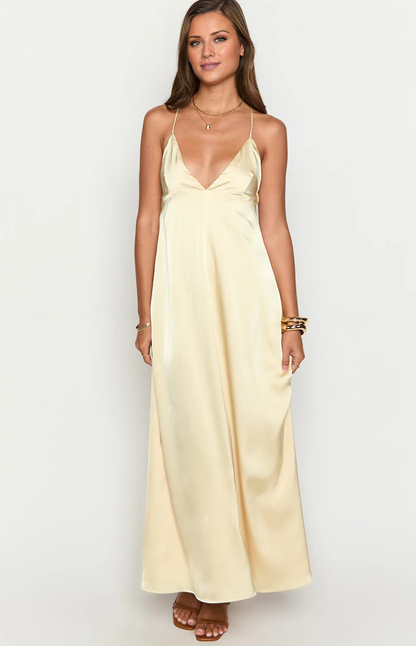 V collar off shoulder sleeveless thin shoulder strap backless and floor length Prom dress