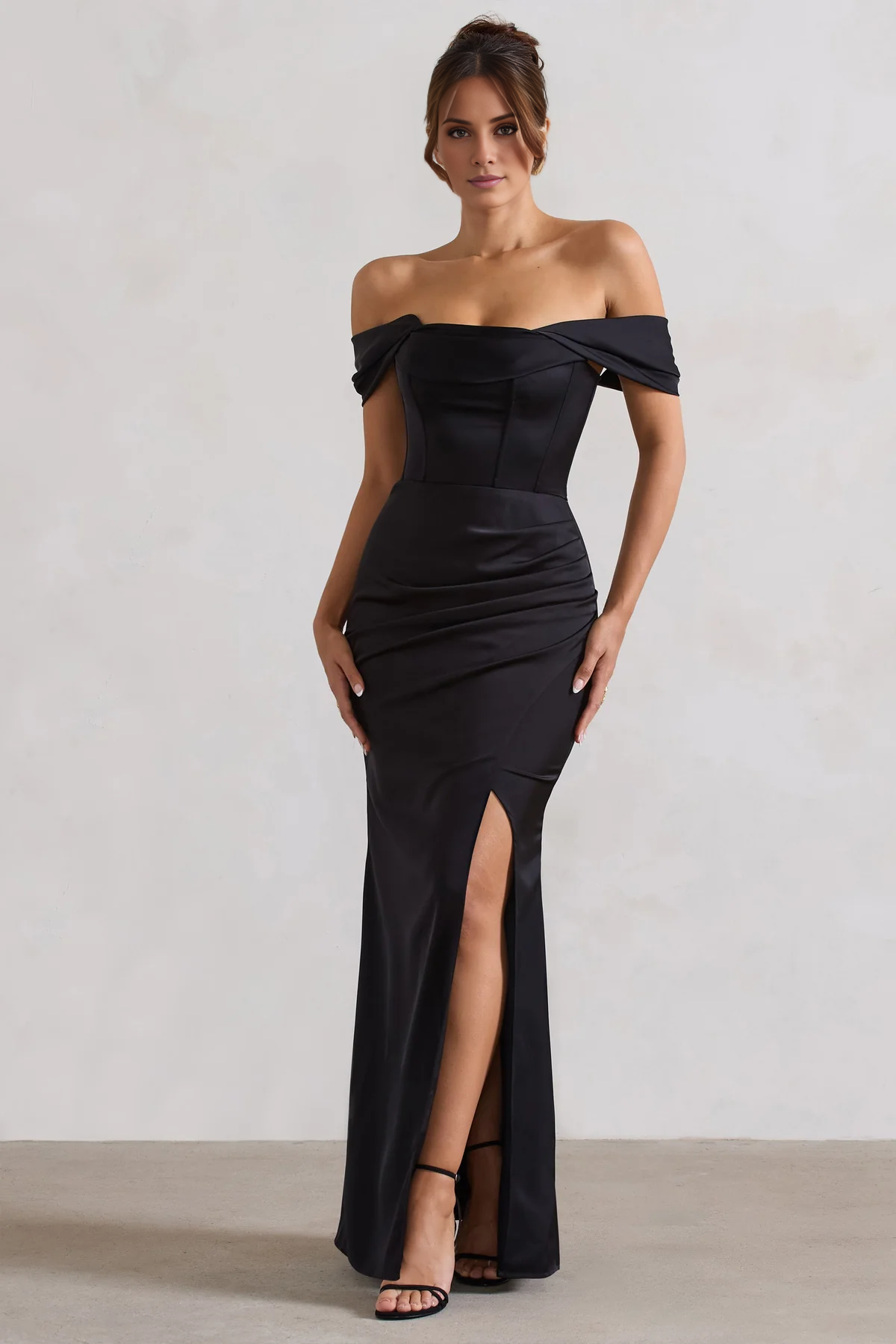 Off shoulder collar satin side slit and floor length evening dress - dress