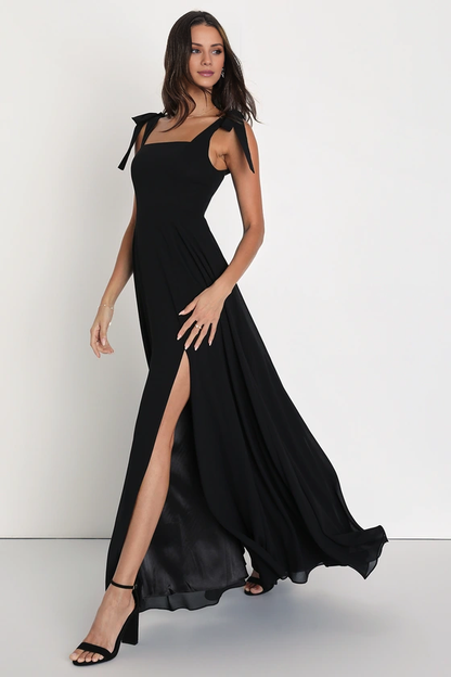 square neckline lace up shoulder exposed back side slit and floor length Prom dress