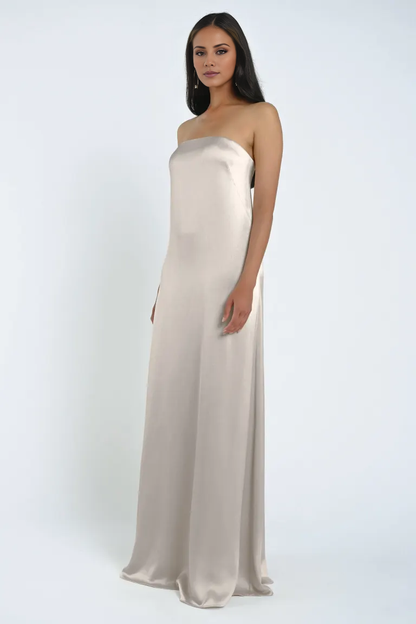 off shoulder collar sleeveless strapless backless and floor length Prom dress