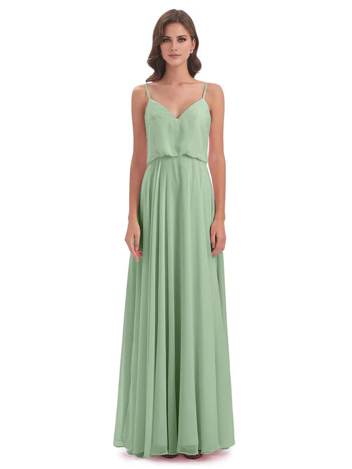 Simple slim shoulder chiffon and floor length bridesmaid dress