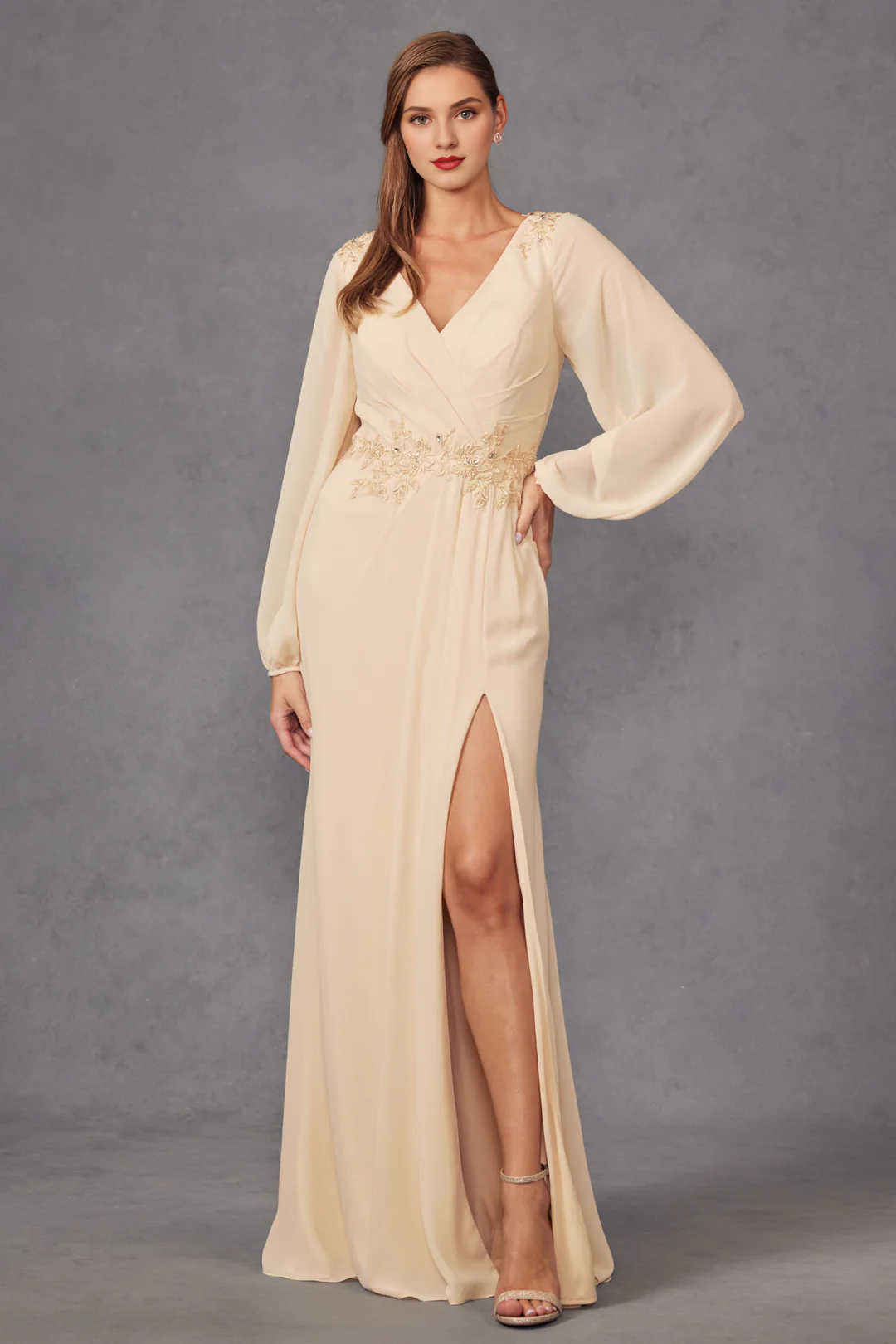A-line slit skirt embroidered long sleeved dress