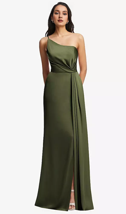 One shoulder pleated skirt with satin horn Prom dress