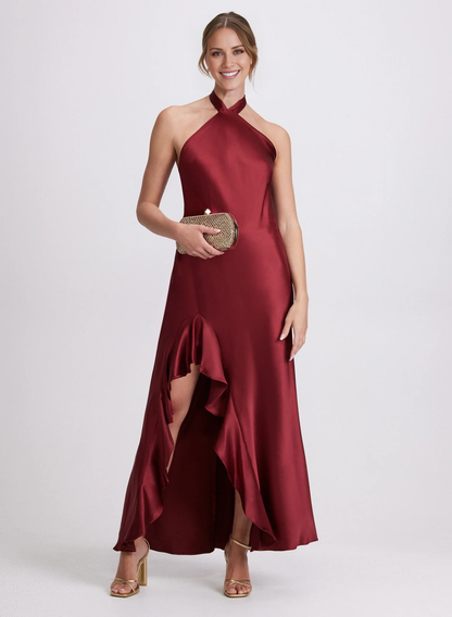 satin hanging neck sleeveless ruffle edge slit long Prom dress