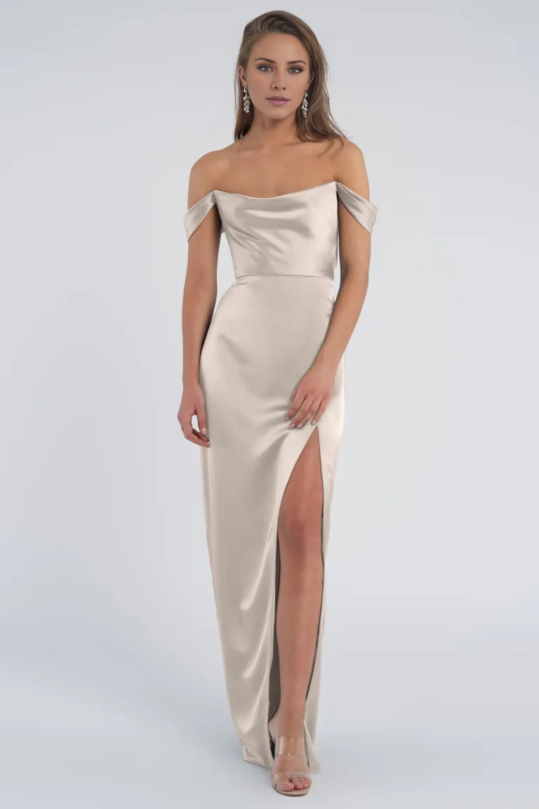 off shoulder collar sleeveless backless side slit and floor length evening dress