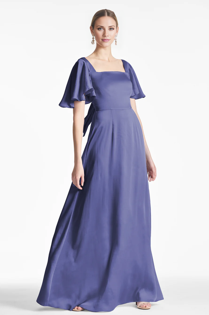 square neckline short sleeved back strap backless and floor length Prom dress