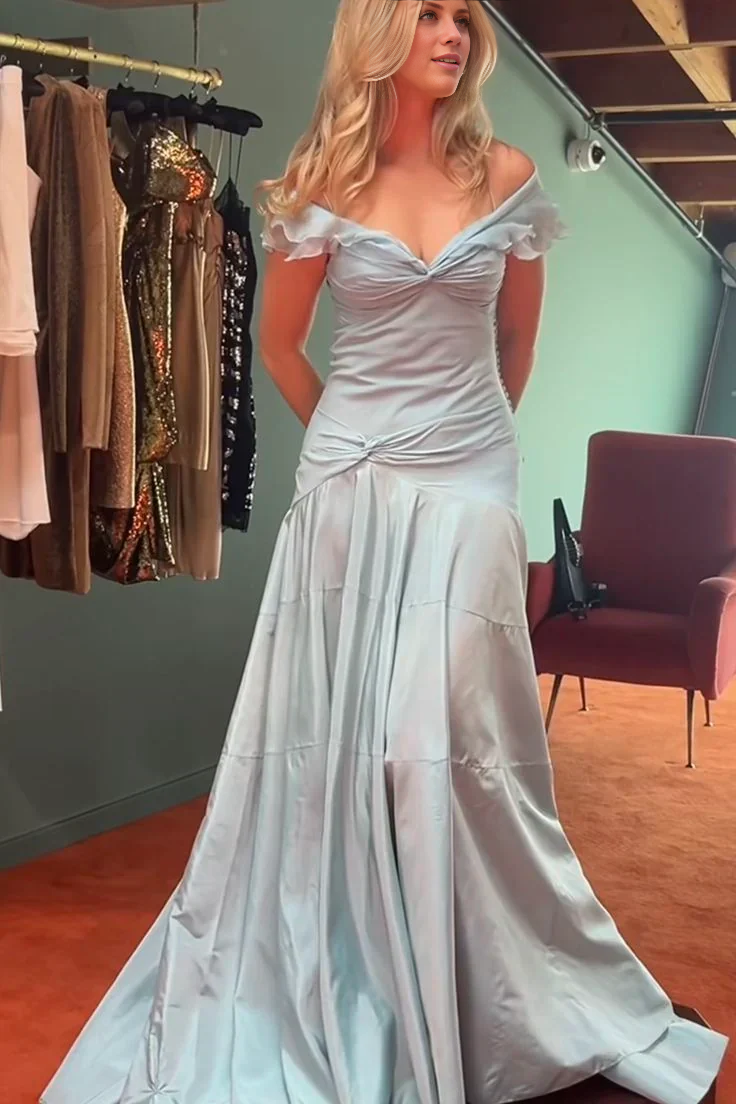 Retro Style A-line Off Shoulder Grey Blue Ruffle Long Prom Dress