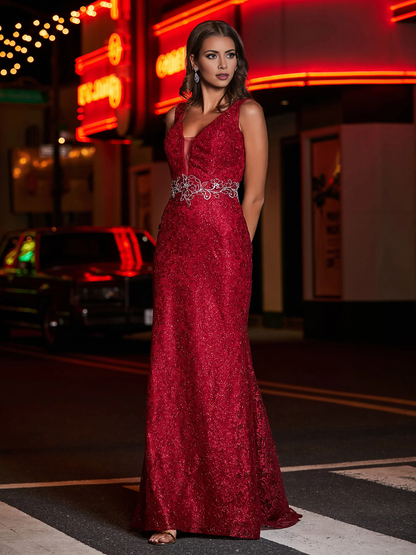 Long tight deep V-neck lace dress