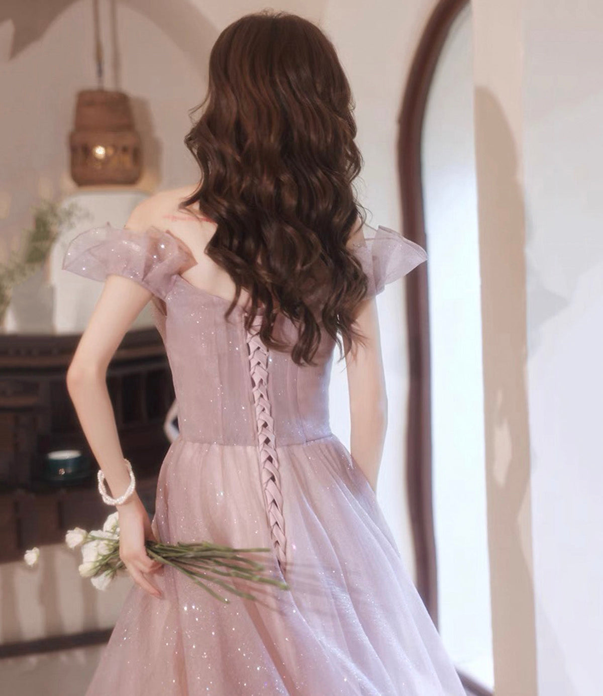 Pink tulle sequins long prom dress pink evening dress  10452