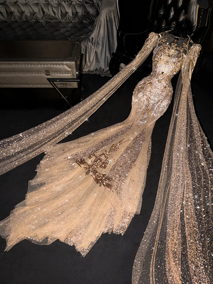 Gold sequined, fitted, bodycon, long, sexy ball gown/bridal dress R8703