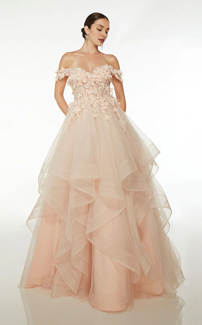A-line off shoulder collar strapless backless and floor length Prom dress