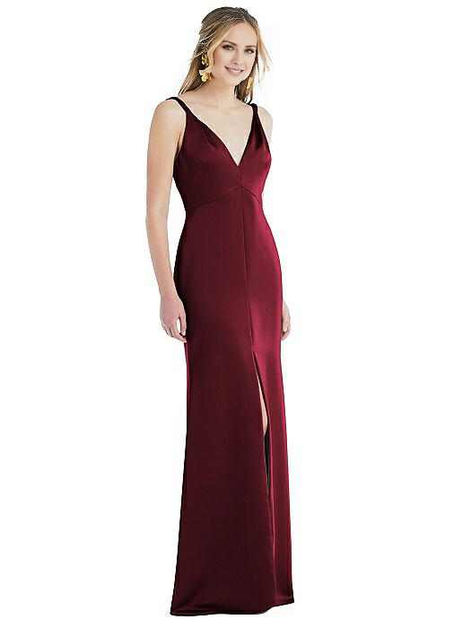 V collar off shoulder sleeveless backless side slit and floor length Prom dress