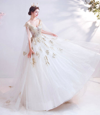 White tulle sequins long prom dress white evening dress  10537