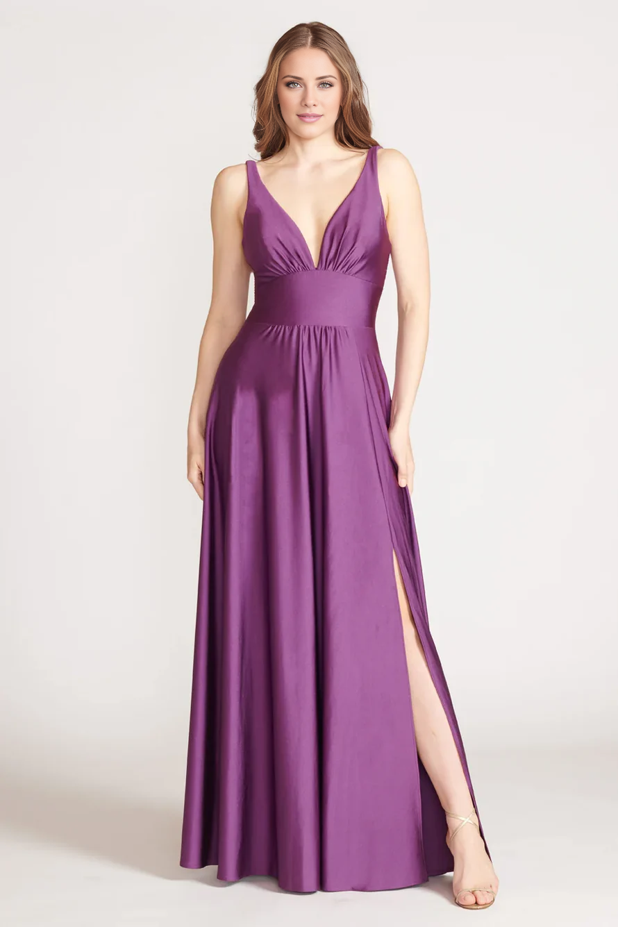 V collar off shoulder sleeveless backless side slit and floor length evening dress