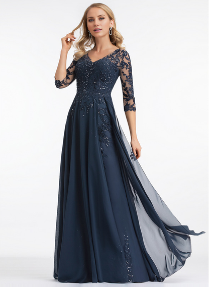 A-line V-neck floor mopping lace chiffon with sequins, mother of the bride dress