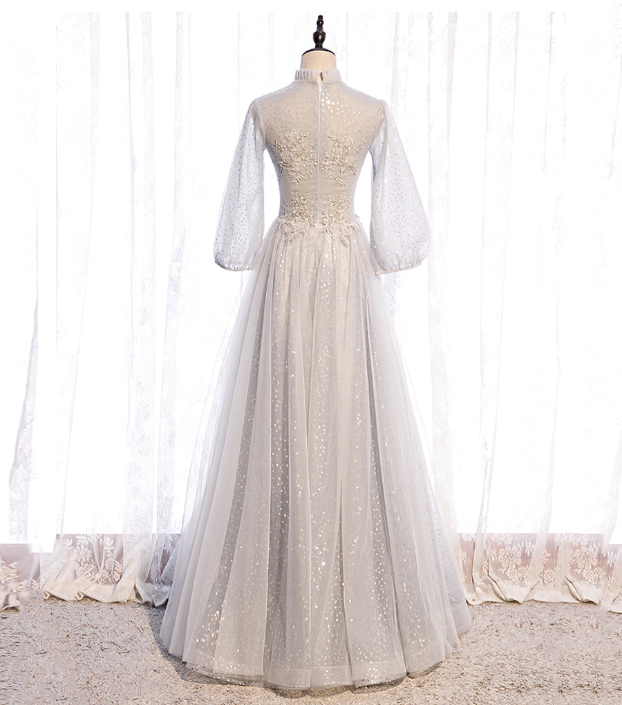 Gray tulle sequins long prom dress evening dress  8542