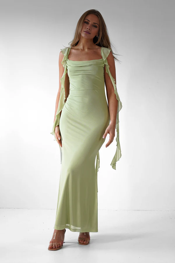 Square neck backless ruffle edge detail long Prom dress - Dress