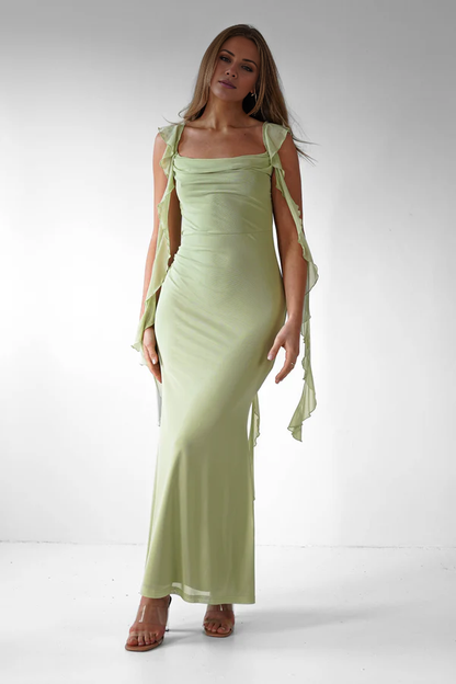 Square neck backless ruffle edge detail long Prom dress - Dress