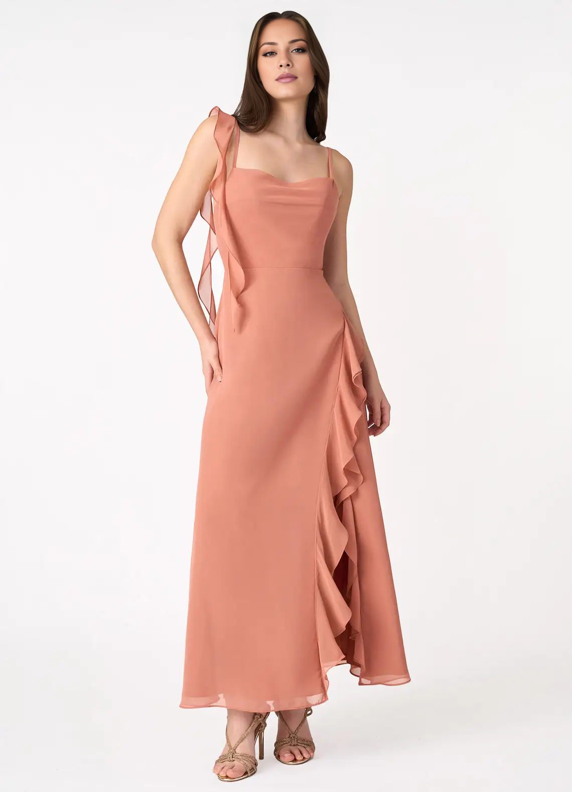 slim shoulder chiffon asymmetrical ruffle edge side slit and floor length Prom dress