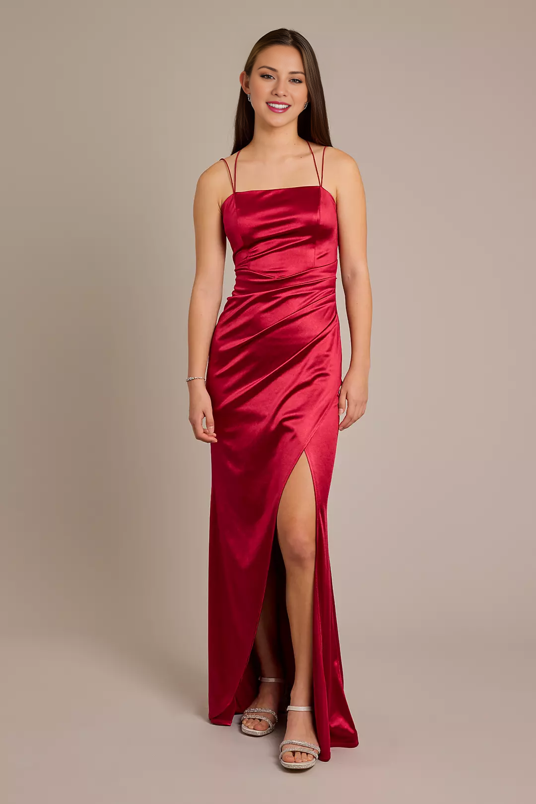 Double Strap Satin Square Neck Dress with Slit