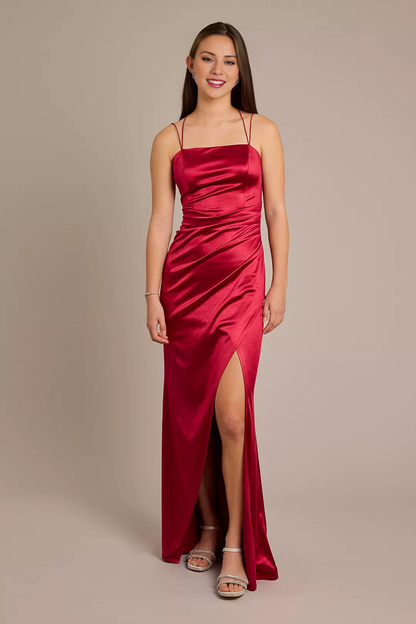 Double Strap Satin Square Neck Dress with Slit