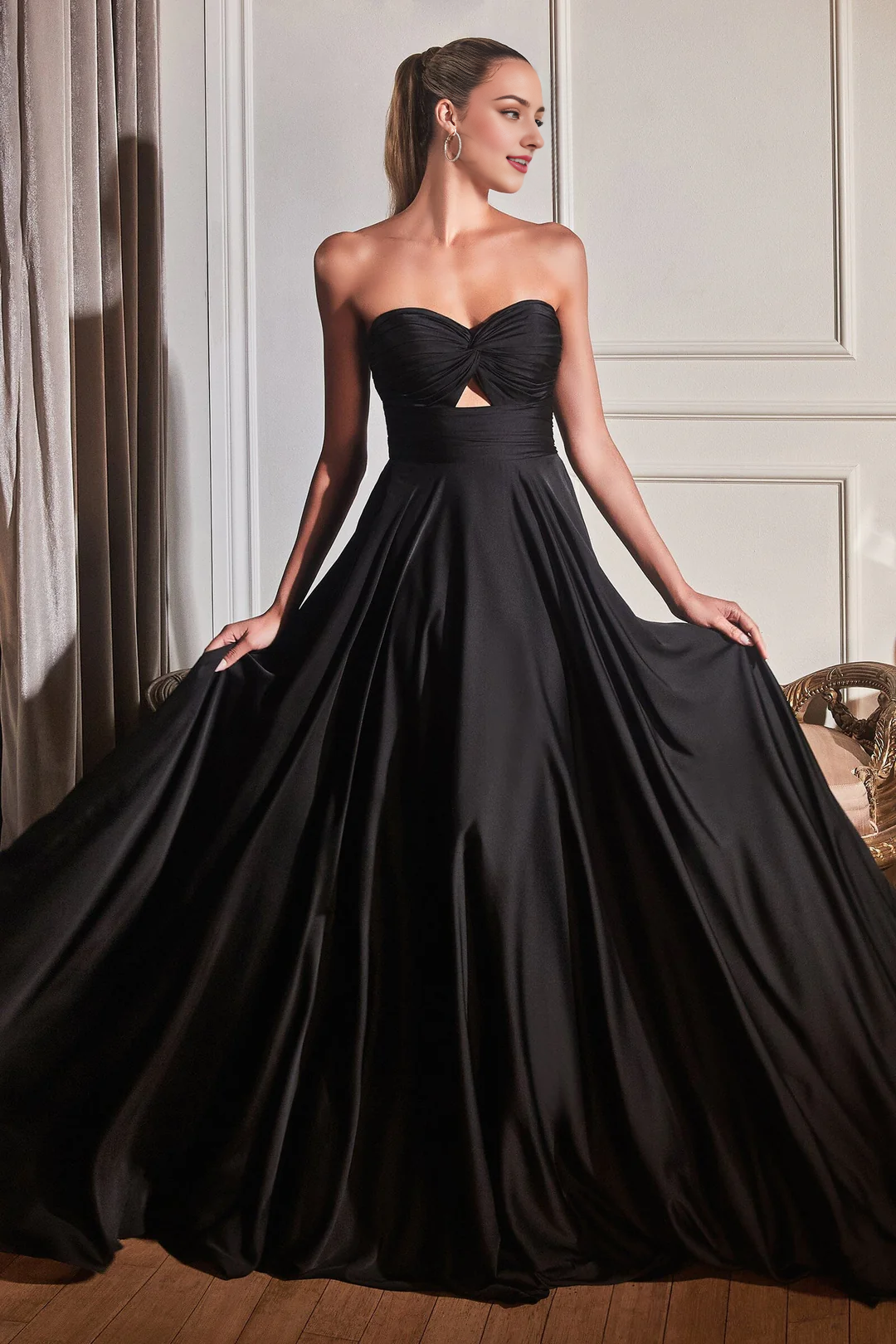 A-line skirt pleated long strapless lock hole satin dress