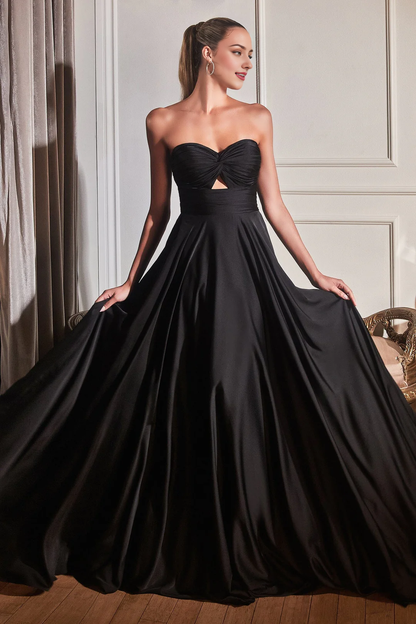A-line skirt pleated long strapless lock hole satin dress