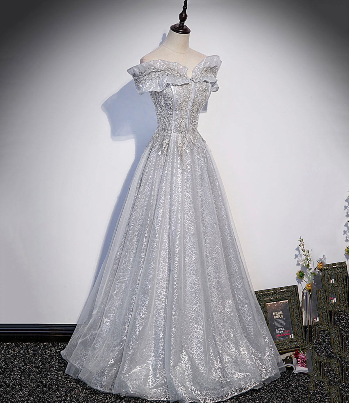 Gray tulle lace long prom dress A line evening gown  10406