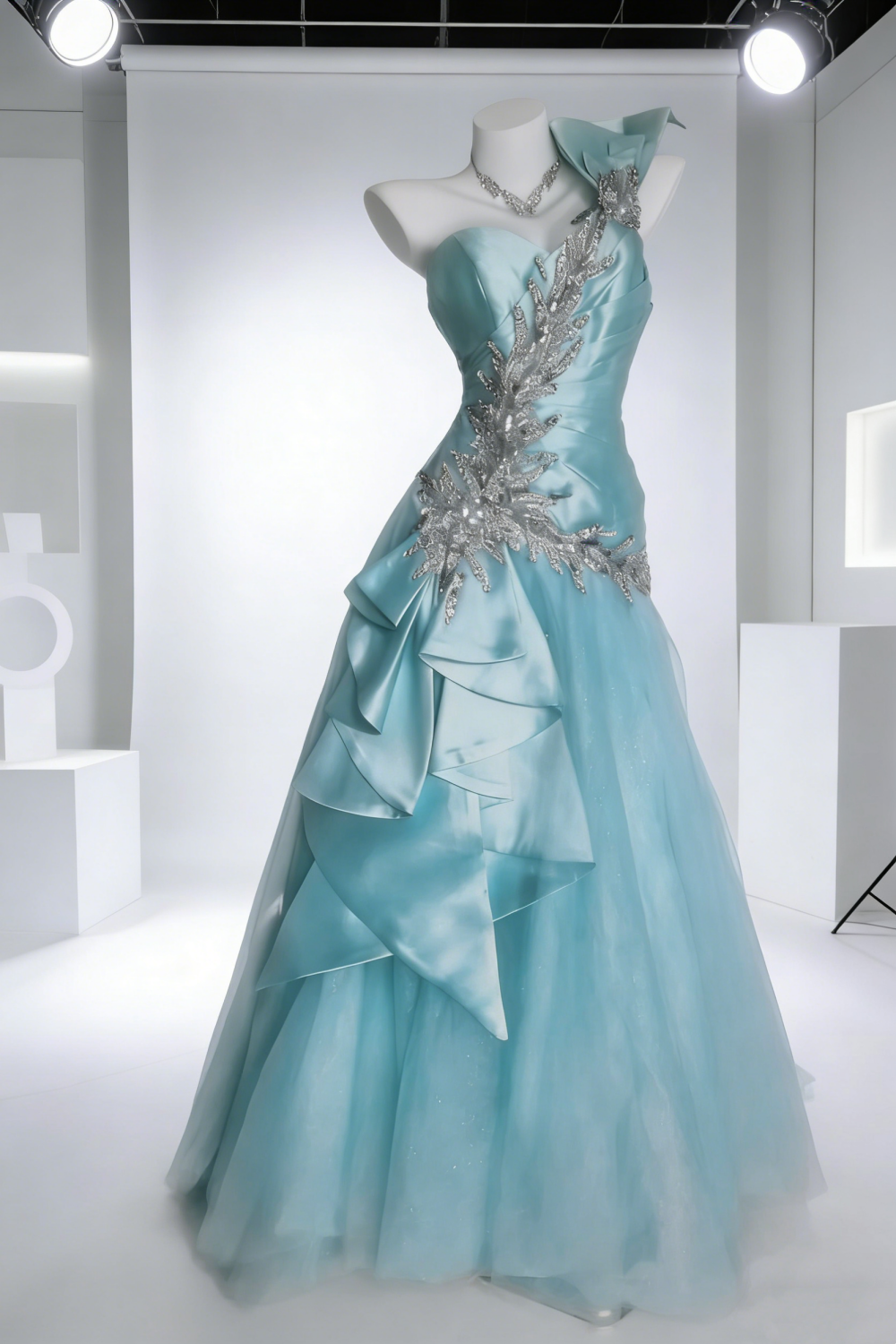 Blue One-Shoulder Beaded Gown Layered Tulle Prom Dress gh7004