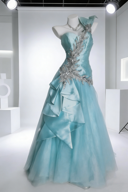 Blue One-Shoulder Beaded Gown Layered Tulle Prom Dress gh7004