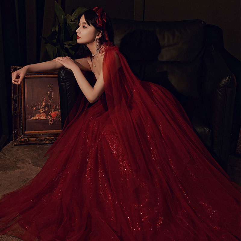 Burgundy Color Shiny Elegant Spaghetti Strap Long Tulle Sequin Ball Gown Evening Dress 8263