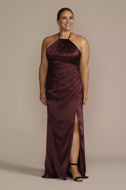 halter neckline sleeveless thin shoulder straps with side slits and floor length Prom dress