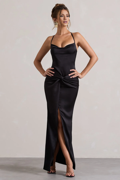 Satin high neck twisted pleat slit and floor length evening dress - dress