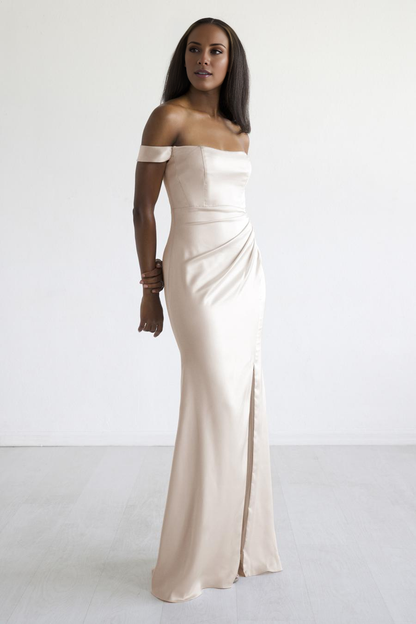 off shoulder collar sleeveless backless side slit and floor length evening dress