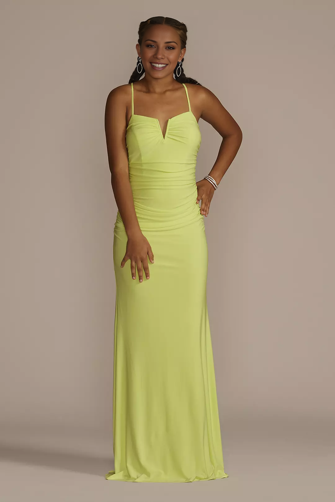 V-neck off shoulder sleeveless thin shoulder strap backless and floor length Prom dress