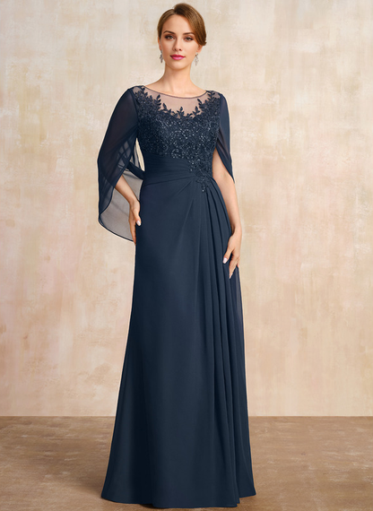 A-shaped Scoop Illusion floor lace chiffon with sequins and pleats, mother of the bride dress