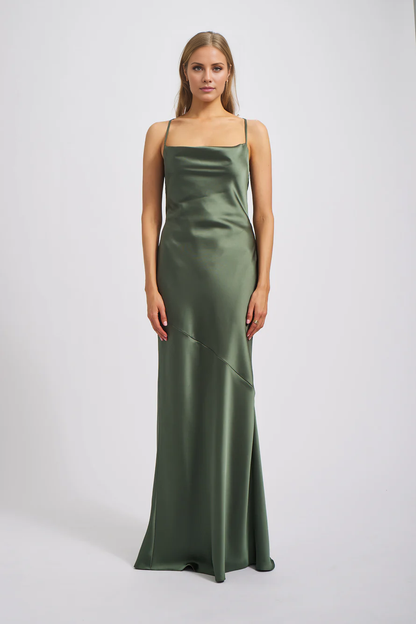 square neckline sleeveless thin shoulder strap backless and floor length Prom dress