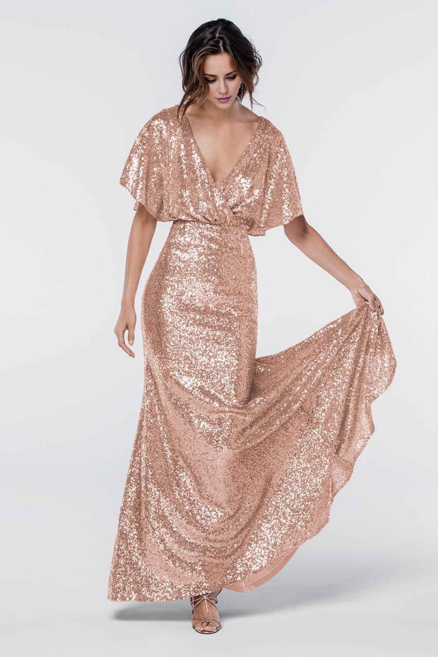 V-neck short sleeved sequined backless and floor length evening dress