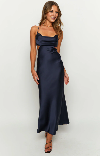 collar neckline thin shoulder strap backless satin long Prom dress