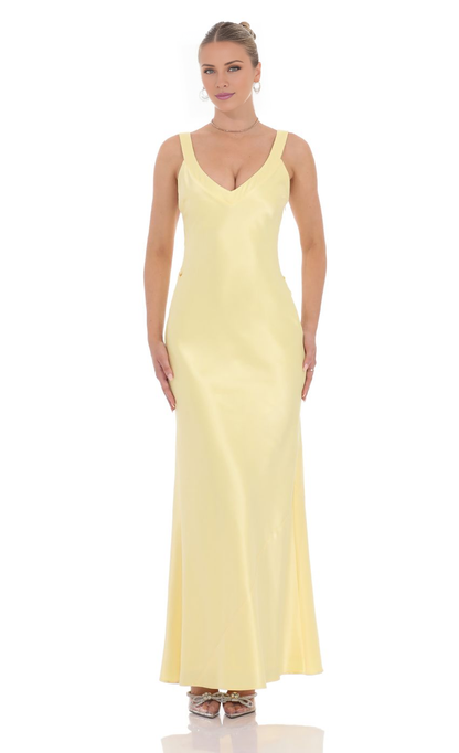 V collar off shoulder sleeveless satin backless and floor length Prom dress