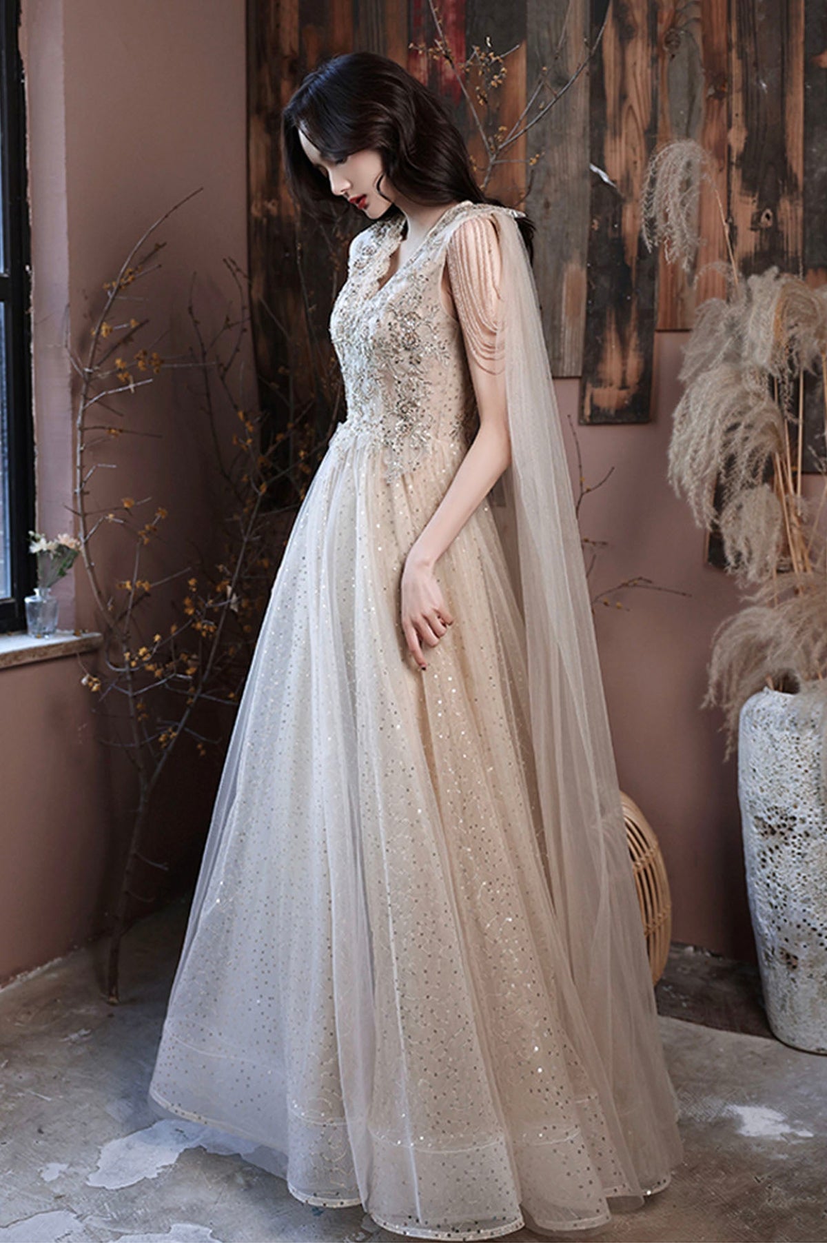 Champagne tulle sequins long prom dress evening dress  10605