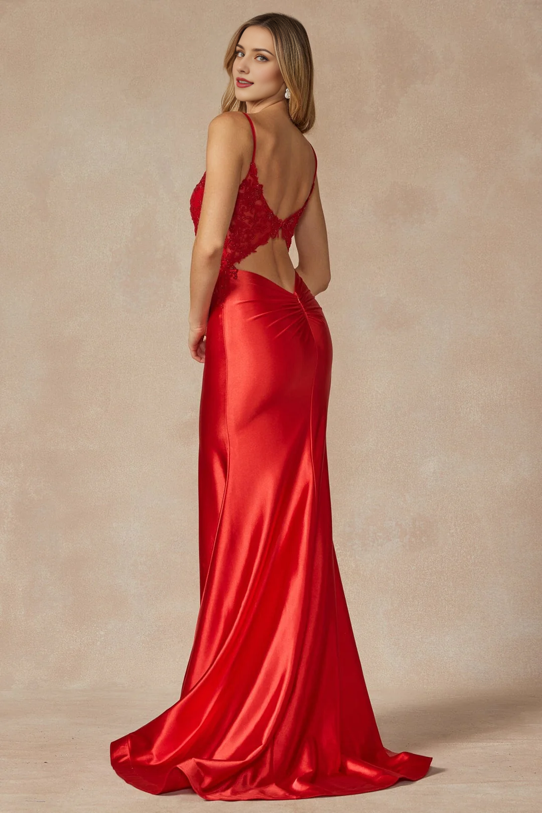 Tailored fishtail skirt embroidered long sleeveless V-neck dress