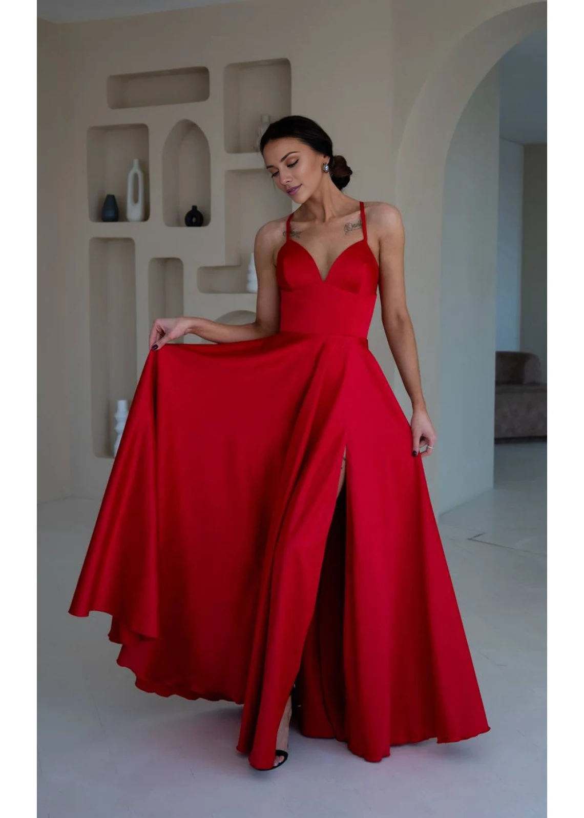 slim shoulder strap V-neck backless side slit and floor length evening dress