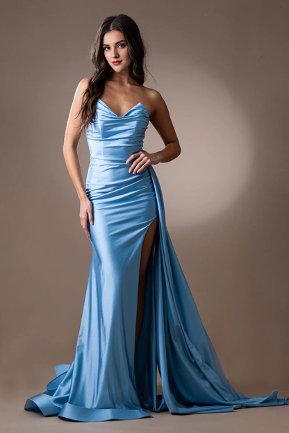 Fitted slit skirt pleated strapless long dress