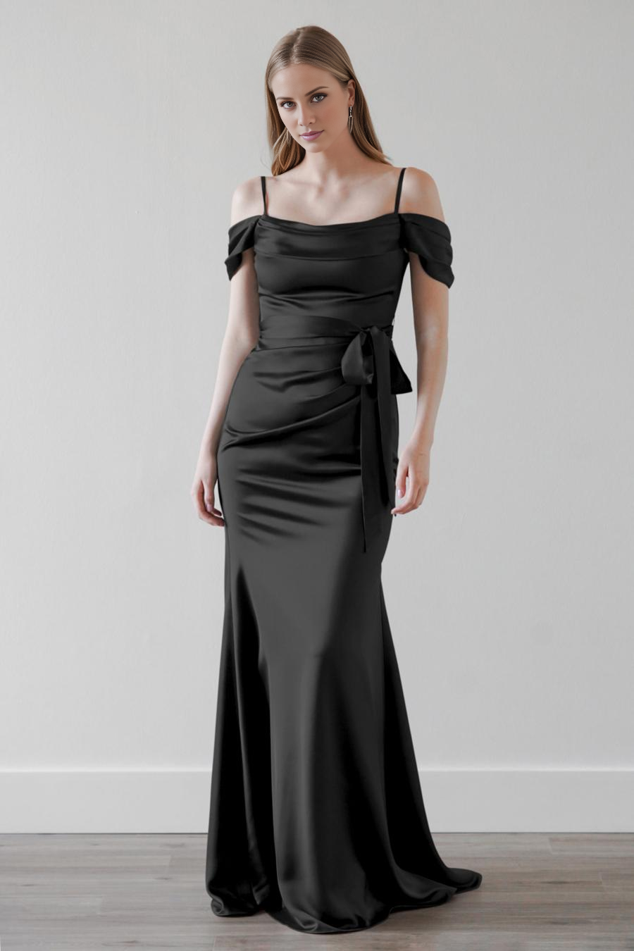 off shoulder collar thin shoulder straps backless and floor length evening dress