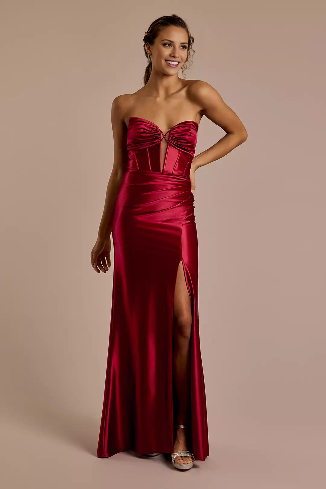 straight tube deep V-neck satin strapless backless slit and floor length Prom dress