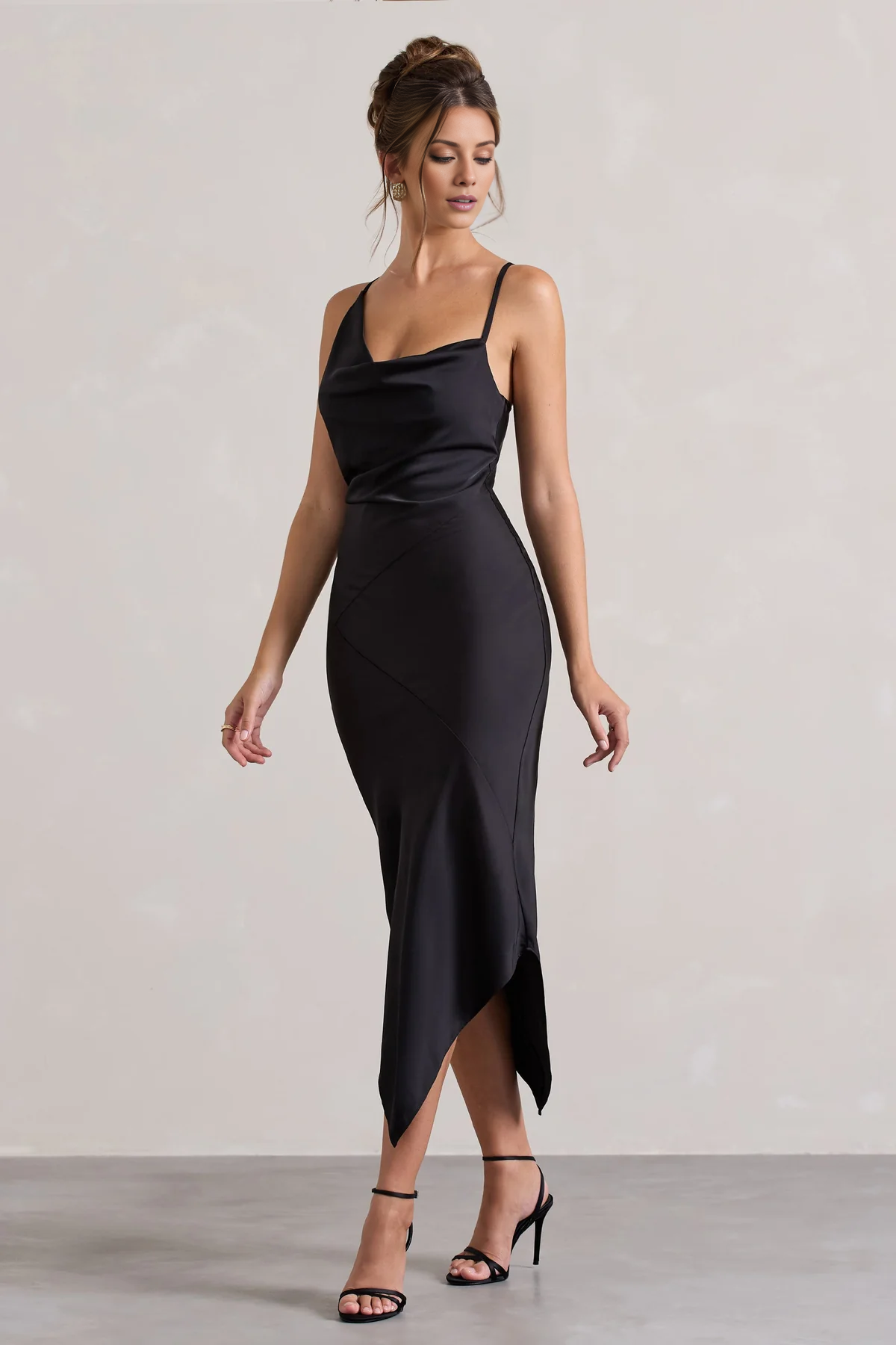 Asymmetric hanging collar backless satin mid length evening dress - dress